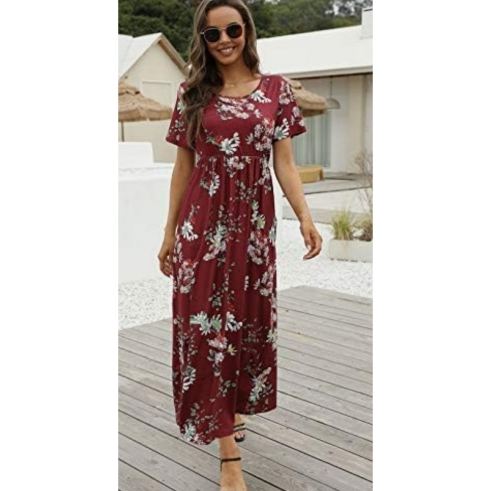 Cherfly Short sleeve Empire Waist Floral  Dress Maroon Size L